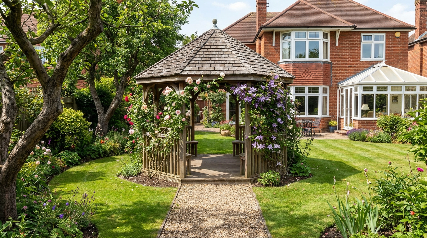 A wooden gazebo covered in roses and clematis in a manicured garden setting.